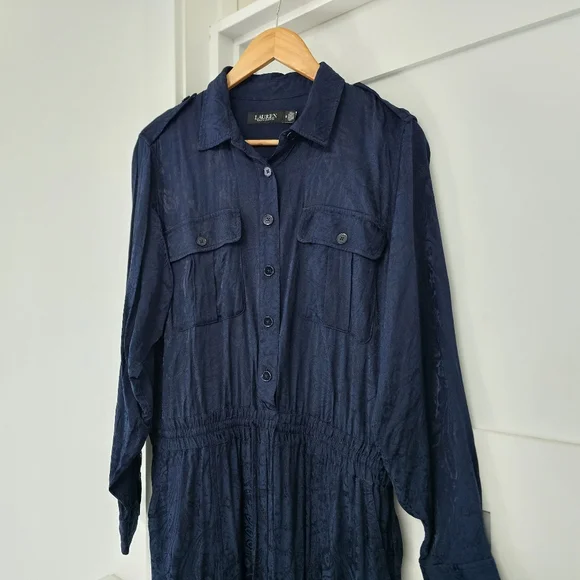 LRL Paisley Jacquard Button Down Long Sleeve Jumpsuit in Navy - Picture 7 of 12